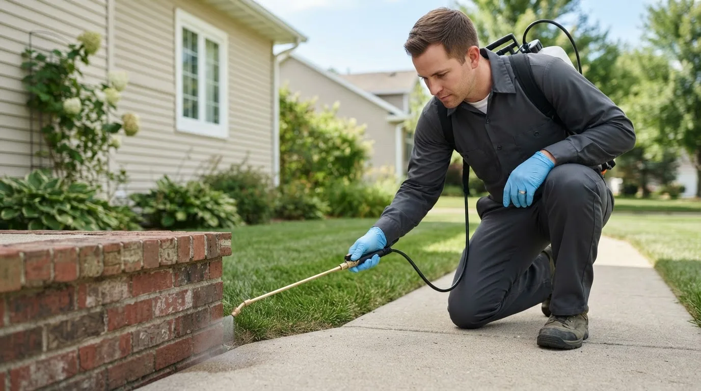Pest control technician treating a home near White Oak, WV